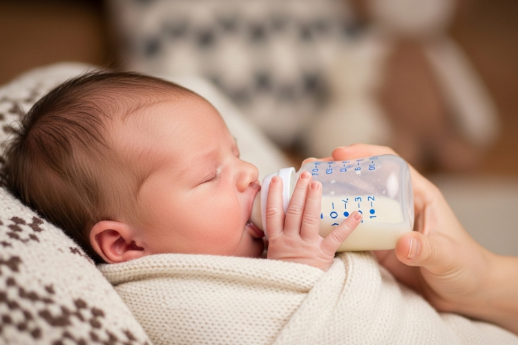Newborn baby wrapped in blanket, drinking milk from a bottle, soft cozy background.
