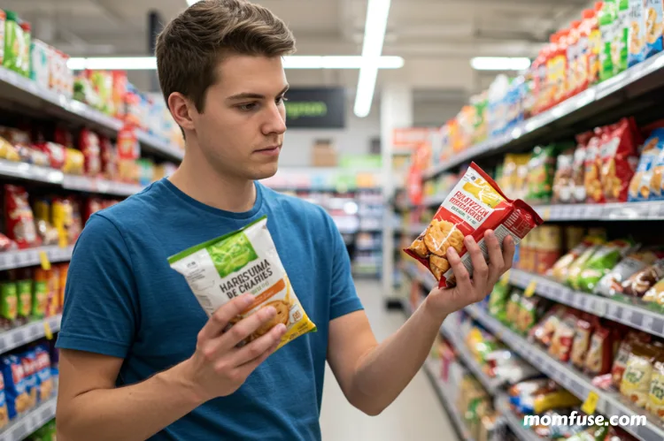 Young man in a grocery store aisle comparing two different brands of snack chips.