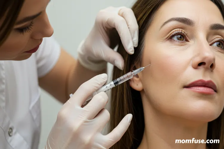 A close-up of a professional administering a dermal filler injection to a client's cheek