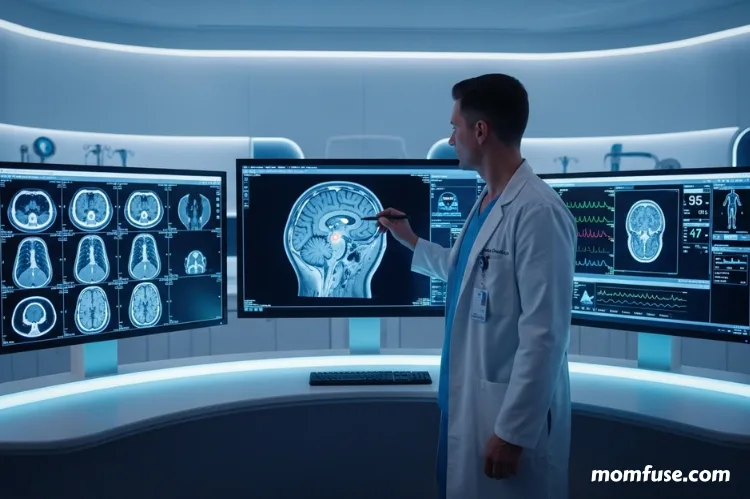 Modern diagnostics technology concept — a doctor viewing MRI and CT scan results.