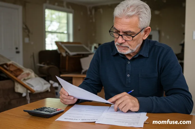 A homeowner sitting at a table reviewing documents, with a visible insurance claim form.
