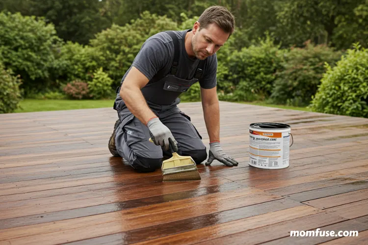 Technician applying wood sealant to outdoor deck.