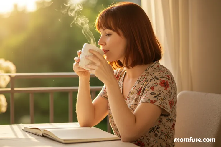 A mom enjoying coffee at sunrise, journal on the table, soft morning light.