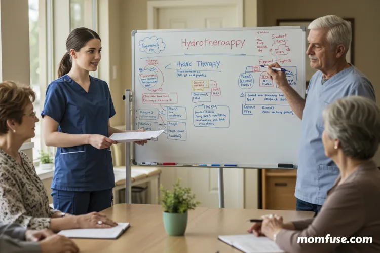 A care facility meeting where therapists caregivers, and family members discuss hydrotherapy progress.