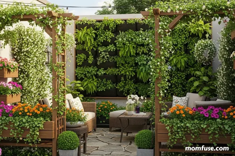 A patio filled with greenery—vertical garden, planter boxes, trellises with climbing plants.