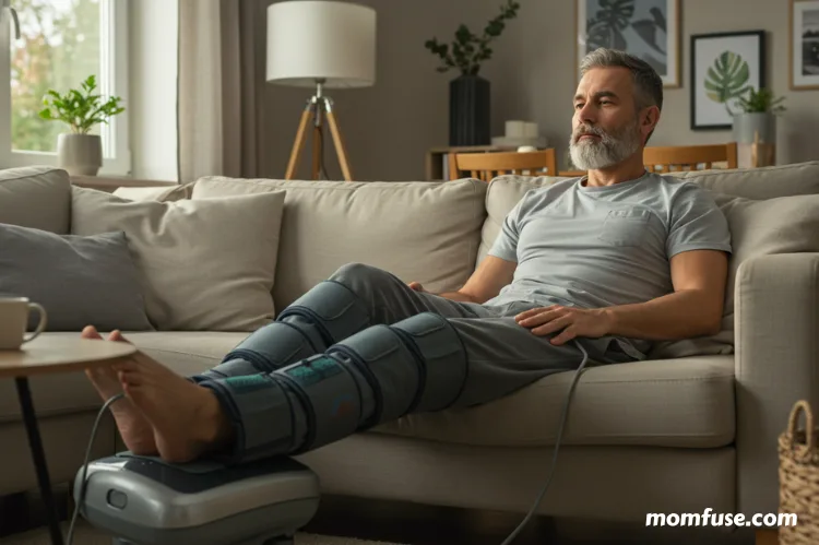 A man relaxing at home using recovery device on legs.