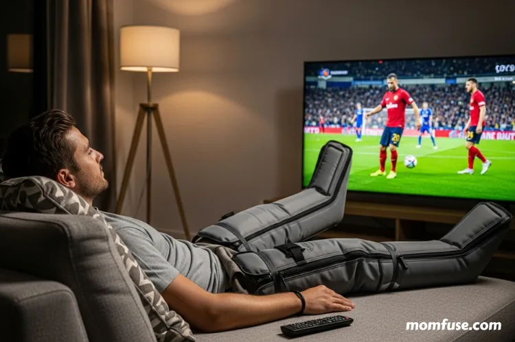 A man lounging on a sofa in compression boots, watching TV.