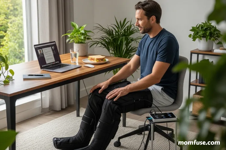 Home workspace scene with a man using compression boots during a lunch break.