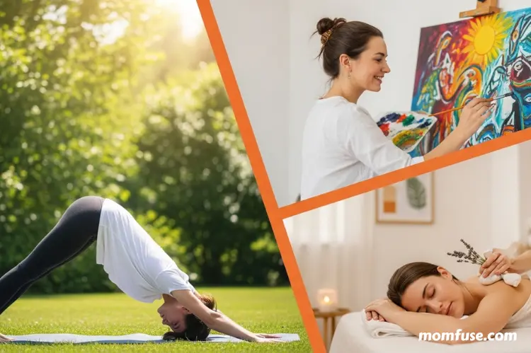 A collage-style image showing yoga, art therapy, aromatherapy.