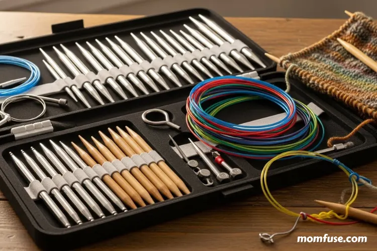 Interchangeable knitting needle set displayed open on a table with stainless steel and bamboo tips.