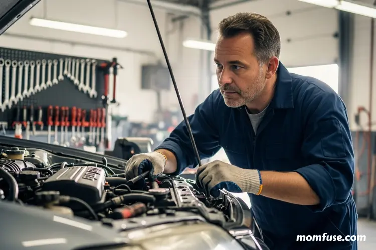 A mechanic inspecting a family car in a garage.
