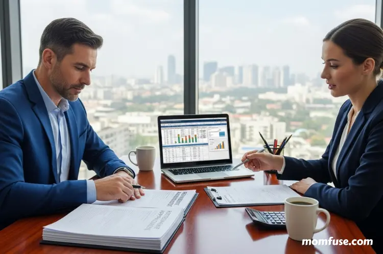 A person meeting with a financial advisor, reviewing assistance forms.
