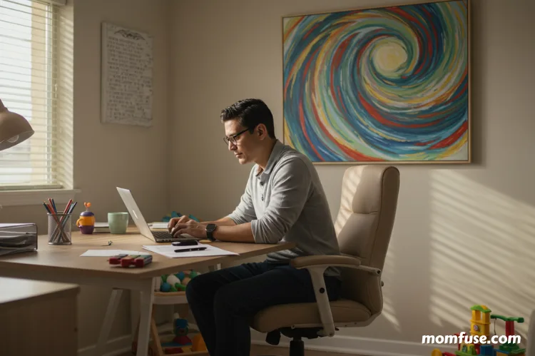 A home office scene where a parent is working on a laptop.