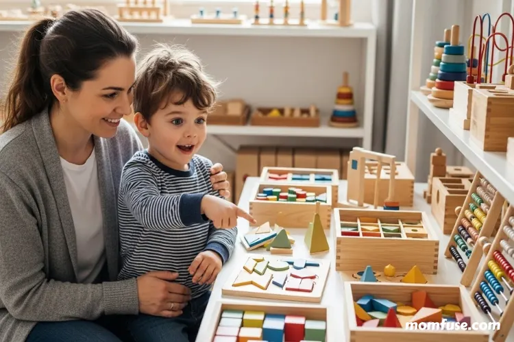 Parent and child browsing Montessori wooden toys together.