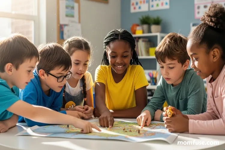 A child confidently interacting with peers at a small group activity.