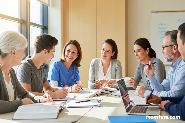 Adult nursing students of different ages in a classroom setting, inclusive and diverse group.
