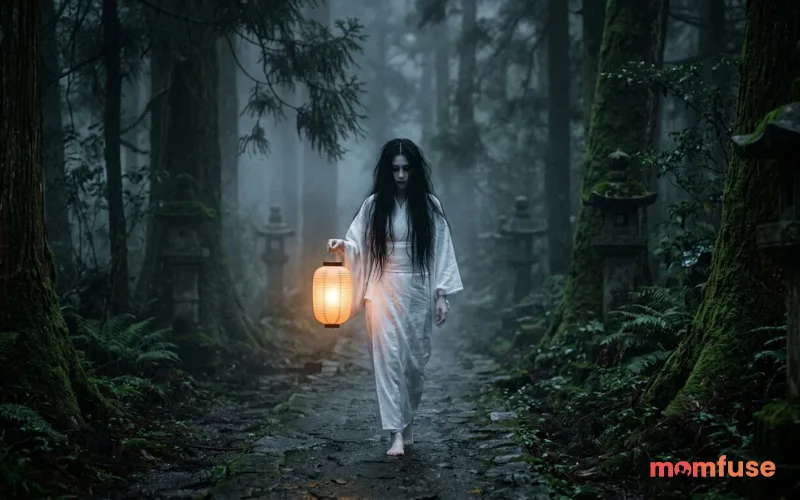 Traditional Japanese forest with pale ghost woman in white kimono, long black hair, lantern light, misty cinematic realism