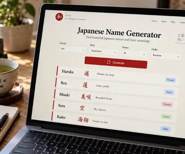 Laptop displaying a Japanese name generator with kanji, meanings, and gender filters.