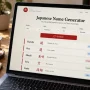 Laptop displaying a Japanese name generator with kanji, meanings, and gender filters.