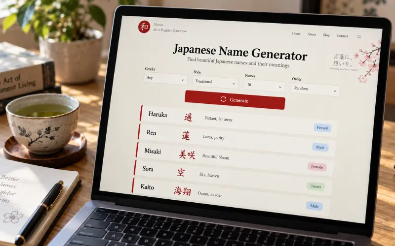 Laptop displaying a Japanese name generator with kanji, meanings, and gender filters.