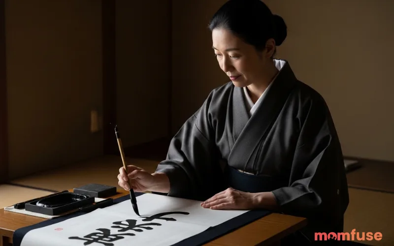 Japanese calligraphy artist writing kanji characters on rice paper with a brush, calm focused expression, traditional tatami room setting, soft natural lighting