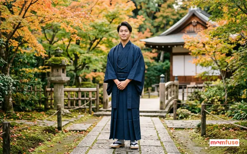 young japanese man in traditional outfit, calm expression, outdoor natural light.