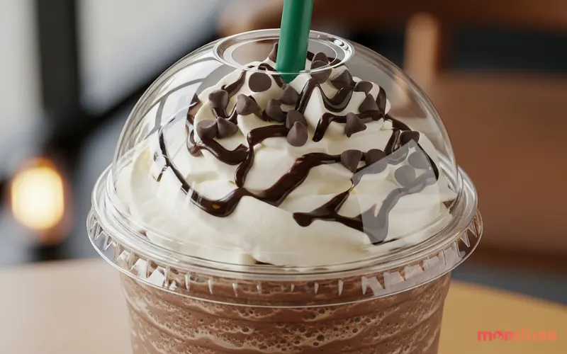 “java chip frappuccino with chocolate chips and whipped cream, rich dessert drink”