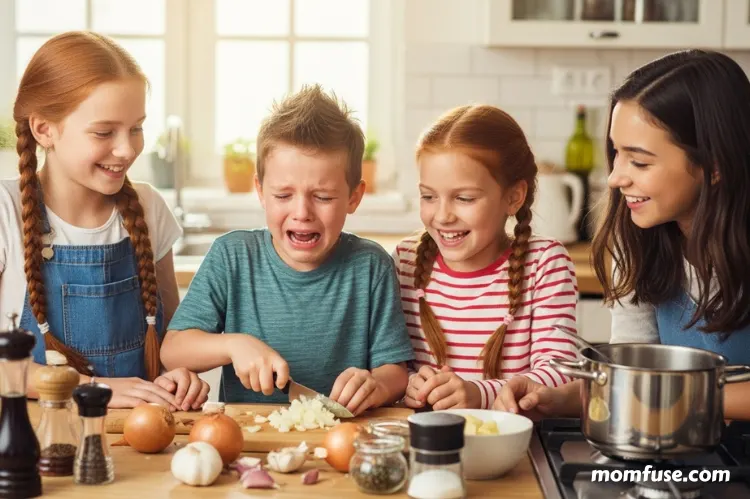 A family kitchen in mid-action kids chopping onions with tears and laughter.
