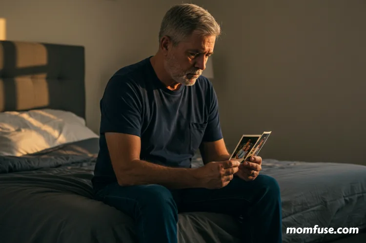 A father sitting alone on a bed looking reflective family photos.