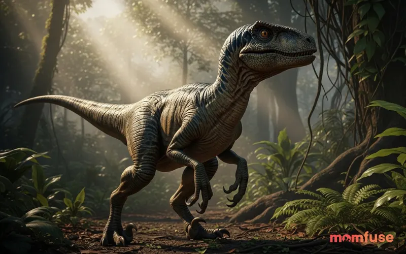 Realistic Velociraptor in jungle, alert stance, cinematic lighting, misty environment, high detail skin texture