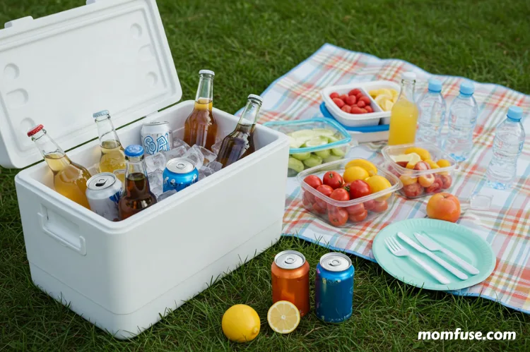 A cooler filled with cold drinks and food containers, ice packs inside, picnic blanket setup beside.