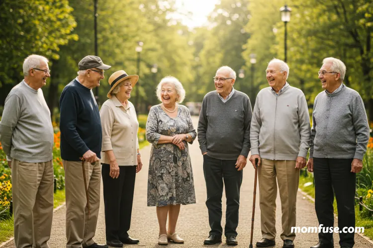 Group of elderly friends happily chatting and laughing together in a sunny park.