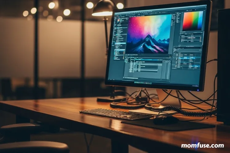 A digital editing workspace with a computer screen showing a video timeline.
