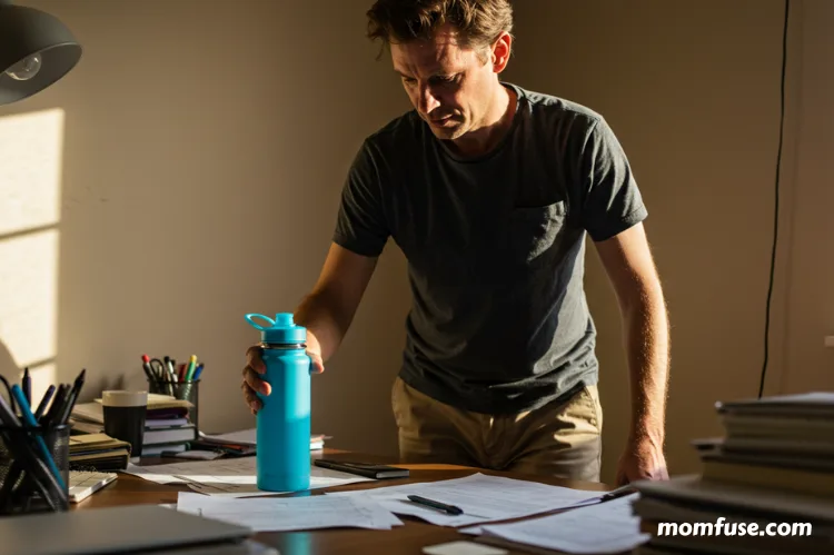 A man reaching for a reusable water bottle on a home office desk.