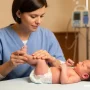 A warm, realistic medical of a newborn baby during gentle physical therapy.