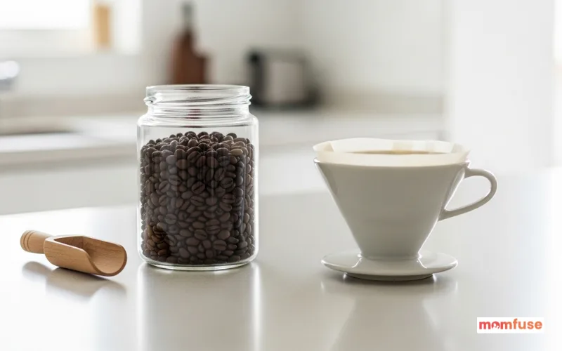 Minimal coffee setup with jar, filter, coffee beans, clean kitchen counter.