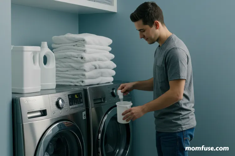 A laundry room scene with a front-loading washing machine, a person measuring detergent.