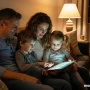 A realistic of parents sitting with children using a tablet safely at home, soft lighting, cozy living room.