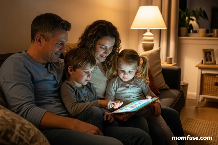 A realistic of parents sitting with children using a tablet safely at home, soft lighting, cozy living room.