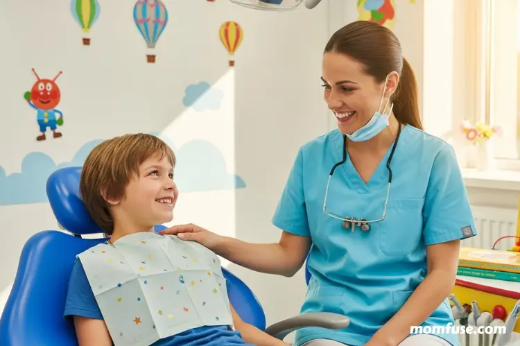 A warm, friendly pediatric dental clinic scene with a smiling child sitting in a dental chair.