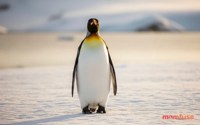 King penguin with bright orange neck patch, standing on snowy shore, soft sunlight, realistic wildlife photography
