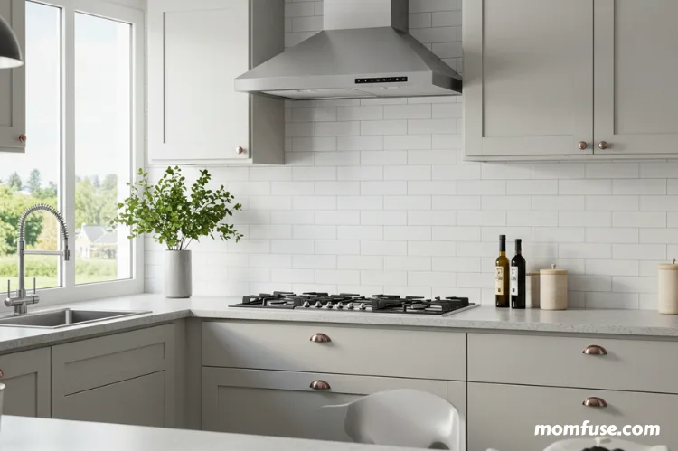 A modern kitchen with a peel-and-stick backsplash featuring faux subway tiles.