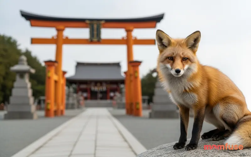 “realistic fox at japanese shrine with torii gate in background, soft lantern light, natural night setting, cinematic realism”