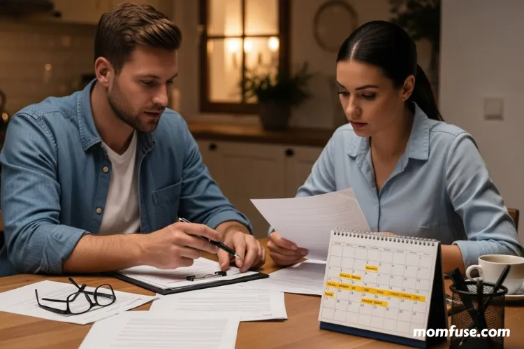 A parents reviewing legal papers with a calendar highlighted.