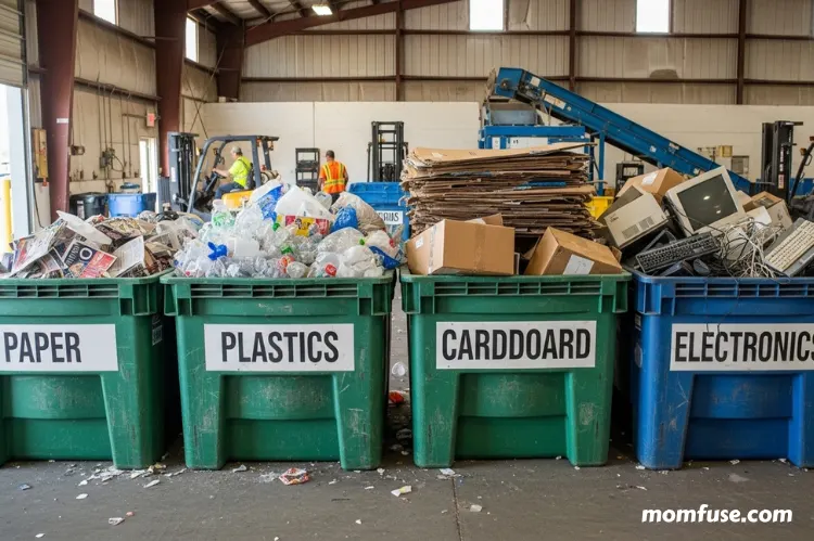 Recycling bins labeled for paper, plastics, cardboard, and electronics at a Tennessee recycling center.