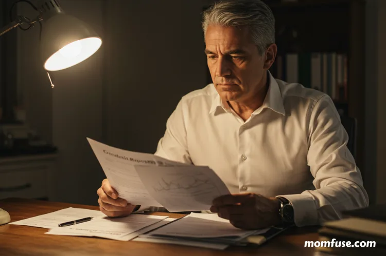 A person sitting at a desk, reviewing printed credit reports with a serious and focused expression.