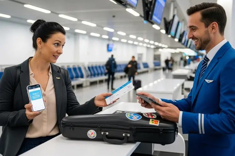 A parent showing boarding pass and violin case to an airline staff at a check-in counter.