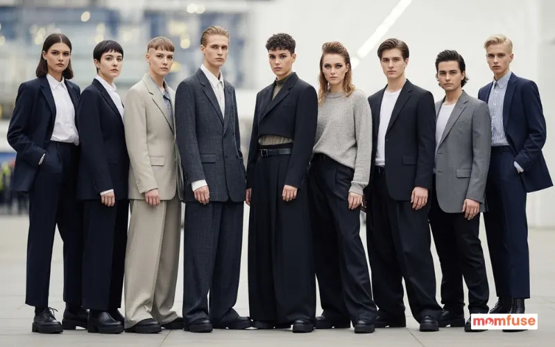 diverse group of young people with androgynous appearance standing together, modern fashion.