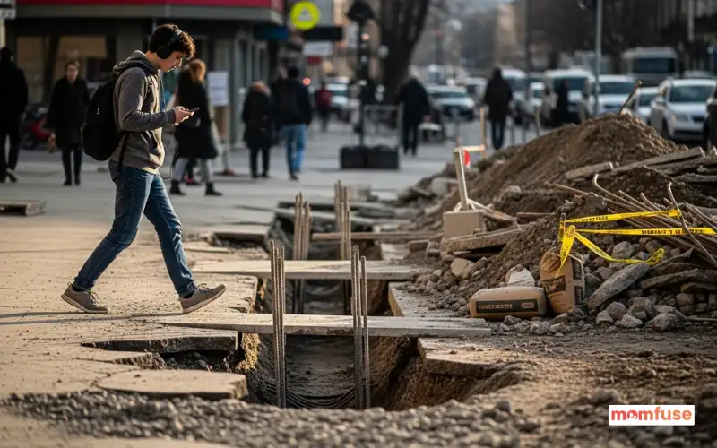Construction area in public space without warning signs, person approaching hazard unknowingly.