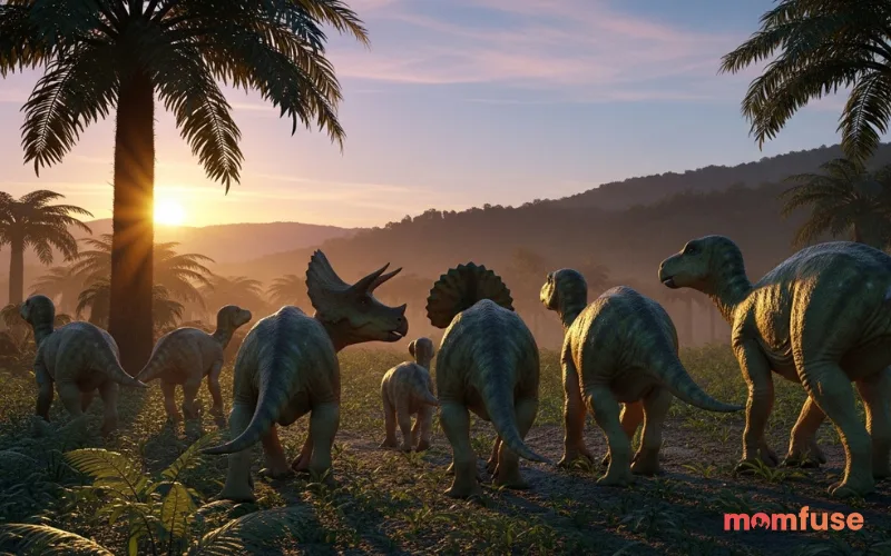 Group of young dinosaurs walking together across prehistoric landscape, soft emotional tone, sunrise lighting